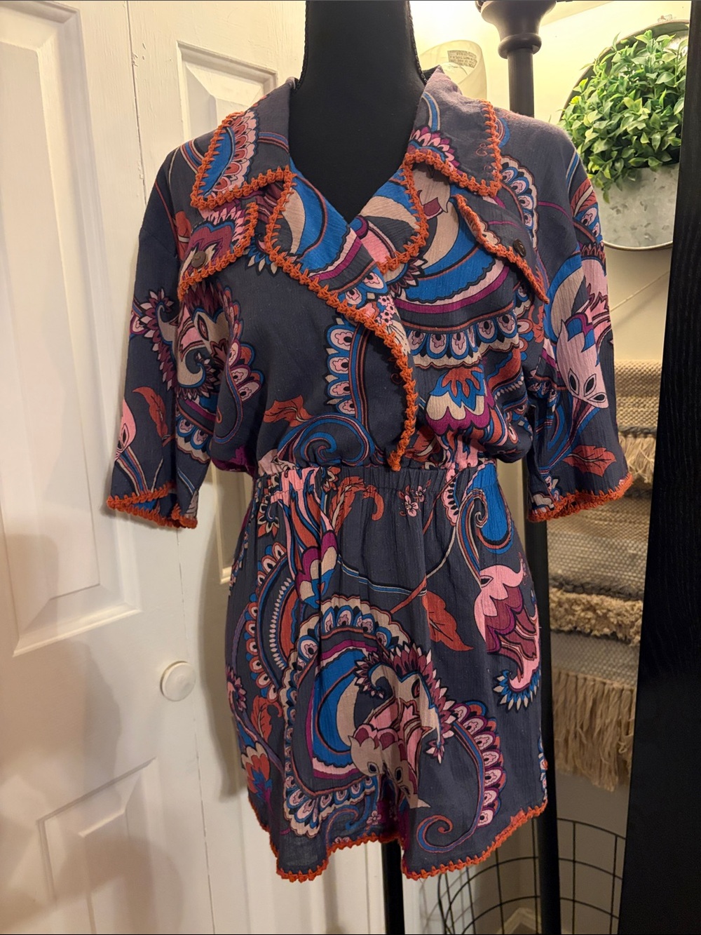 Vintage Boho Paisley Cotton Gauze Romper in Navy with Pink & Blue